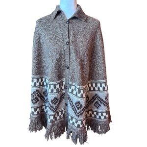 Vintage Ecuadorian Wool Poncho Cape Sweater Coat Fringe Hem